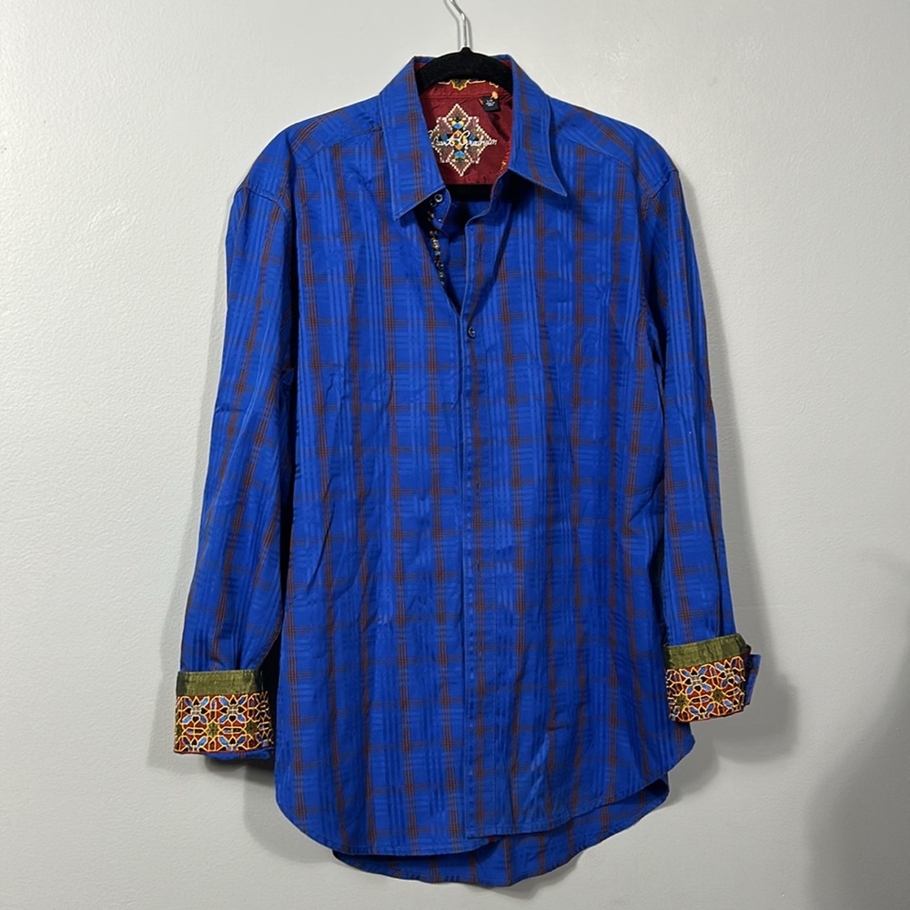 ROBERT GRAHAM Men’s Dress Shirt Blue Windowpane Check Khadi Flip Cuff Large